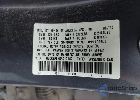 2013 Honda Accord Sport z USA, uszkodzony, nr VIN 1HGCR2F5XDA213167